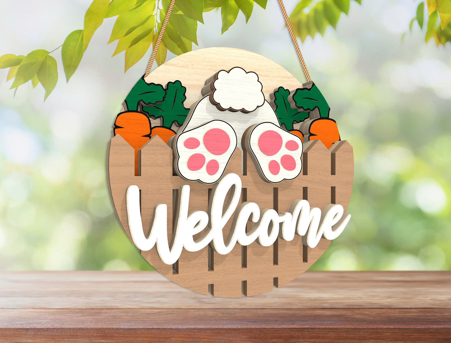 Easter Bunny Welcome Door Hanger SVG Layered Round 3 Designs for Glowforge