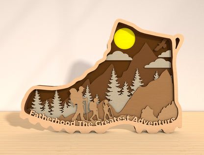 Fatherhood The Greatest Adventure Laser Cut File | Dad Hiking Scene Decor | Layered Mountain Wooden Art | Glowforge, xTool, LightBurn, etc.