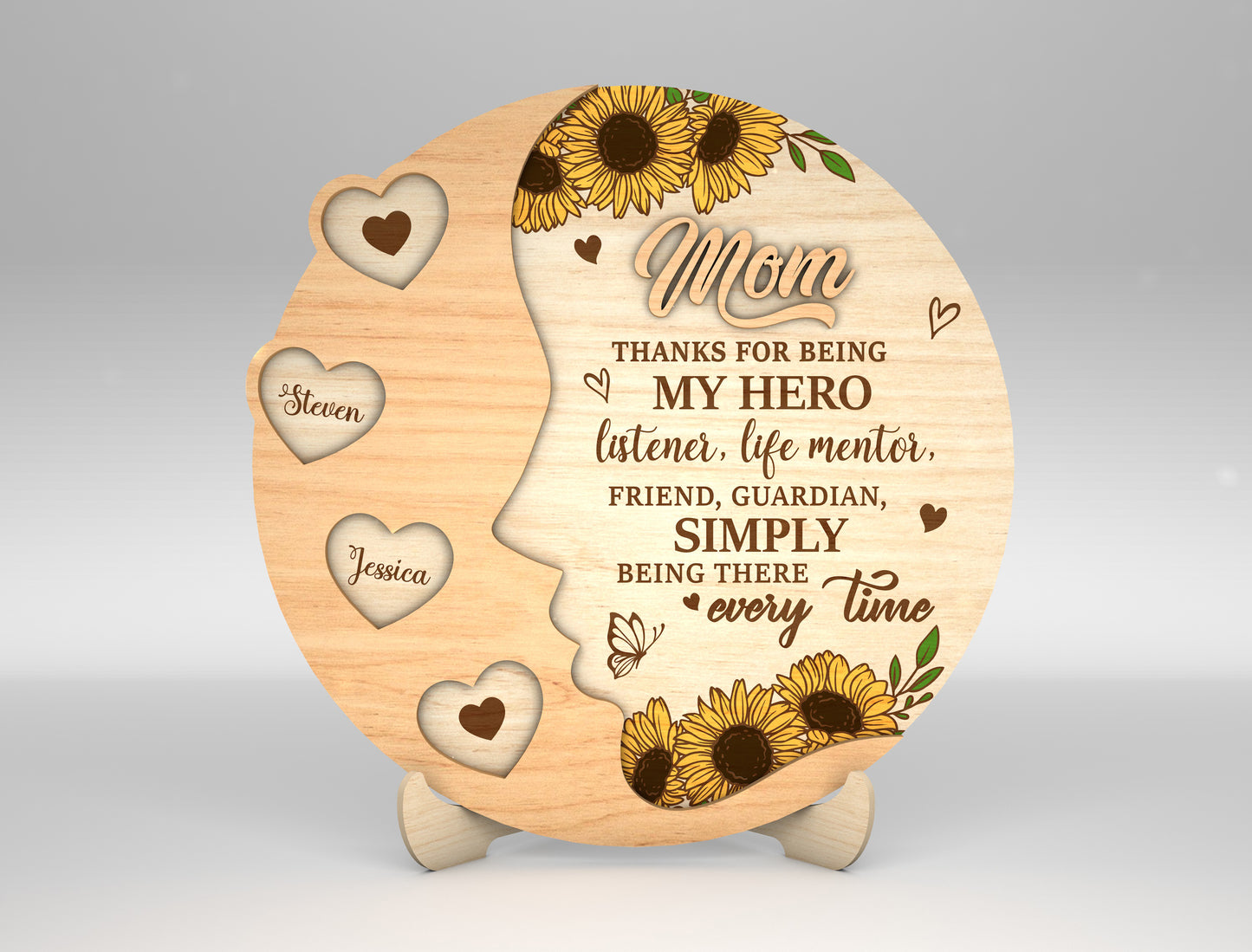 Mom Sunflower Round Heart Name Sign SVG for Glowforge and xTool