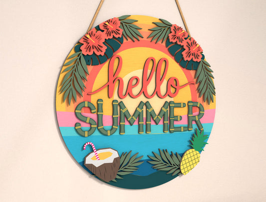“Hello Summer” Tropical Door Sign SVG for Glowforge and xTool
