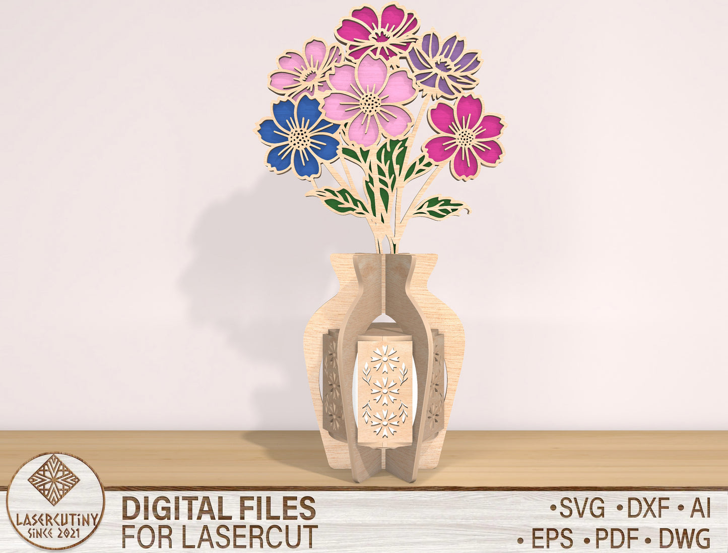 Cosmos Flower Lantern SVG Pastel Wildflower Candle Holder for LightBurn and Glowforge