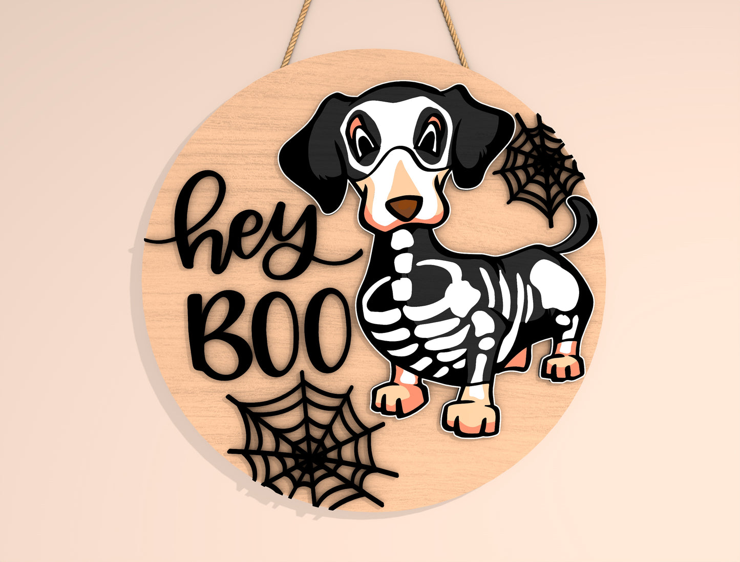 Hi Hey Boo Skeleton Dachshund Halloween Door Hanger SVG Set for Glowforge xTool LightBurn 2 Designs