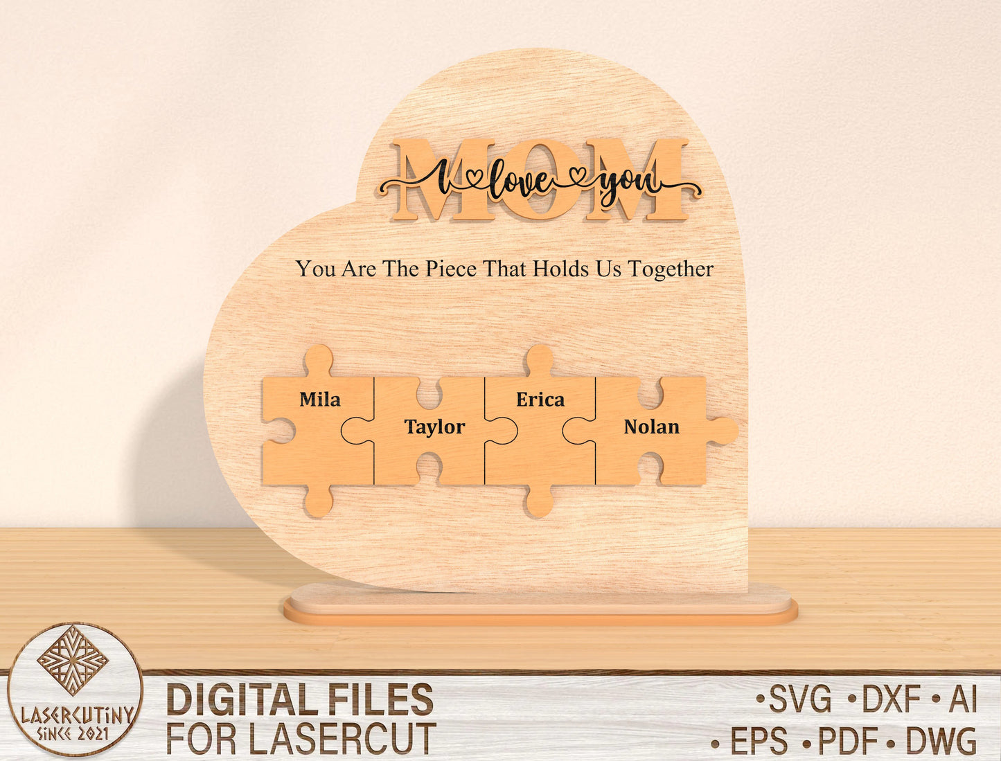Mom Puzzle Family Sign SVG Bundle Personalized for Glowforge and xTool