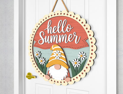 Hello Summer Gnome Daisy Flowers Door Sign SVG for Glowforge