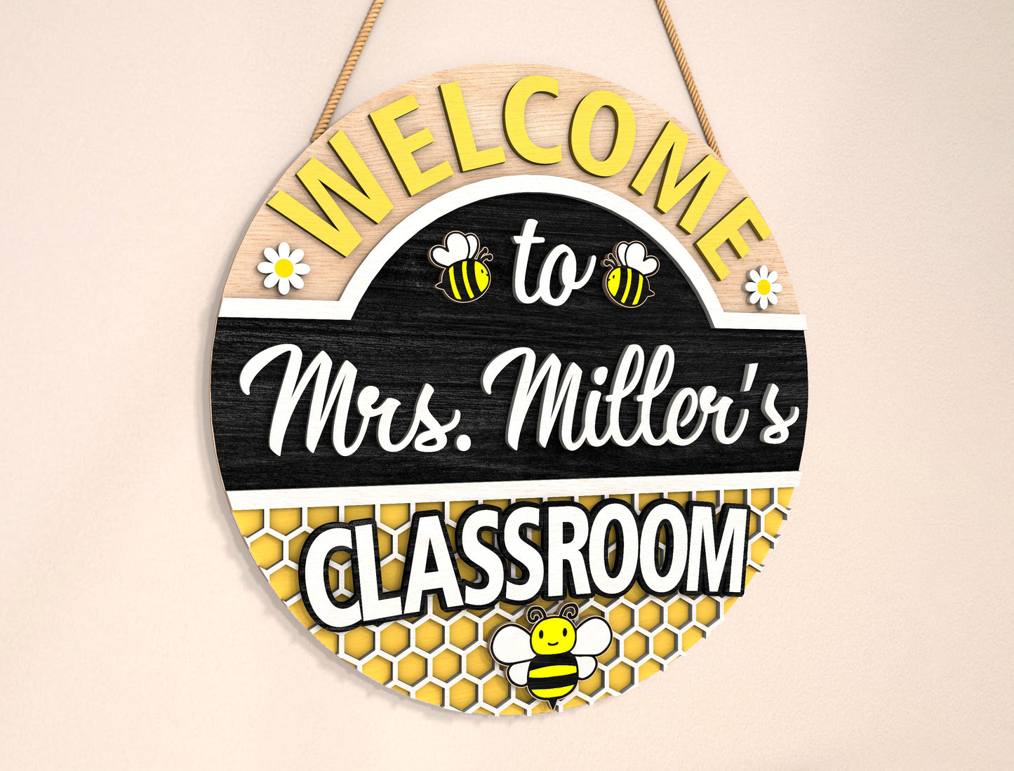 Personalized Bee Classroom Door Sign SVG Laser Cut File for LightBurn
