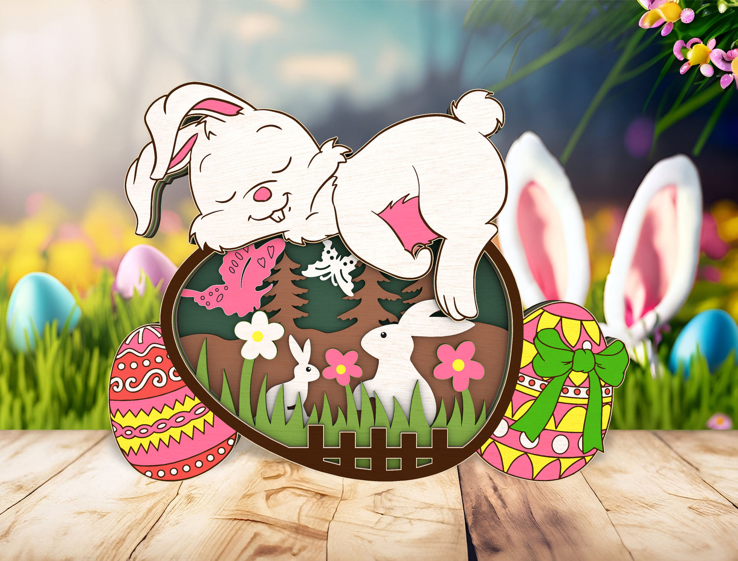 Multilayer Bunny Egg Scene SVG Bundle Rabbit Floral for LightBurn and xTool