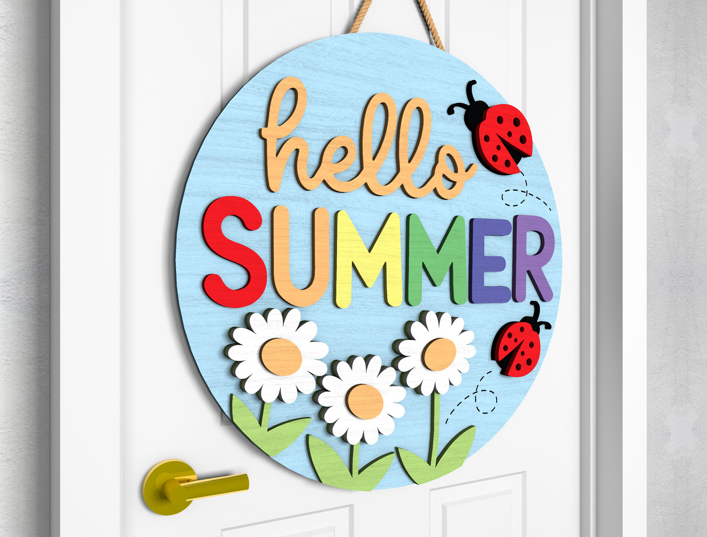 Hello Summer Daisy Ladybug Door Hanger SVG Laser Cut File for Glowforge and xTool