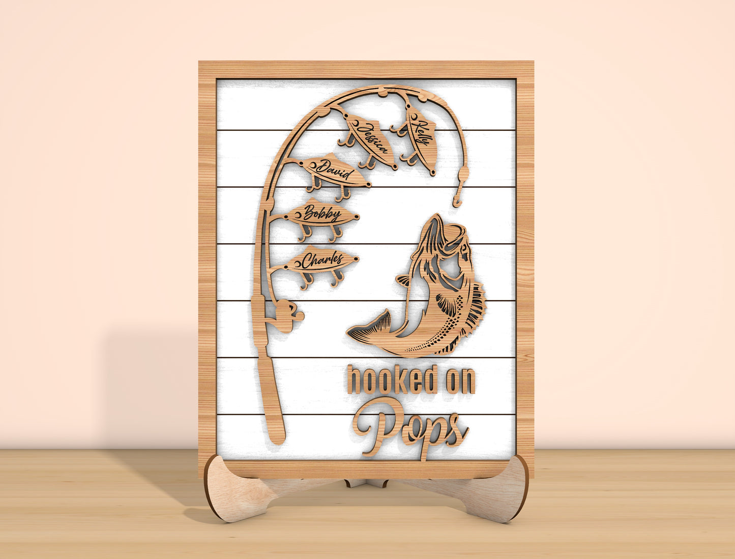 Hooked on Grandpa Fishing Laser Cut File | Personalized Fish Name Sign | Rustic Wooden Decor | Glowforge, xTool, LightBurn, etc.