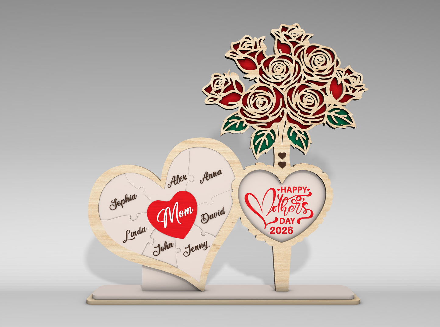 Personalized Mom Heart Rose Bouquet Sign SVG for Glowforge and xTool