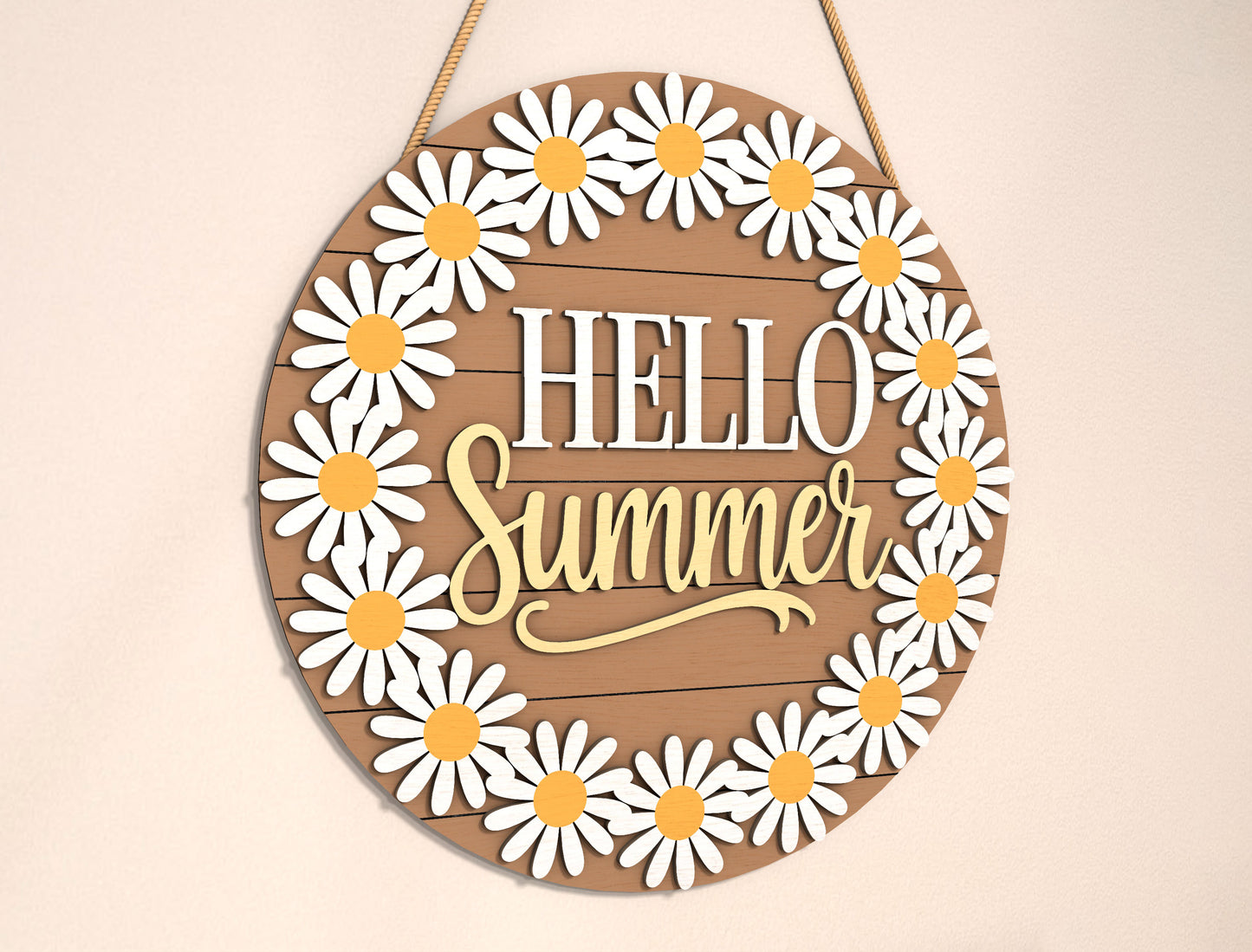 “Hello Summer” Daisy Wreath Door Sign SVG for Glowforge