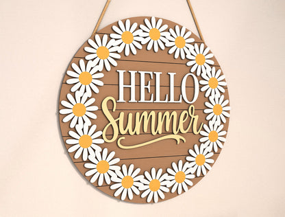 “Hello Summer” Daisy Wreath Door Sign SVG for Glowforge