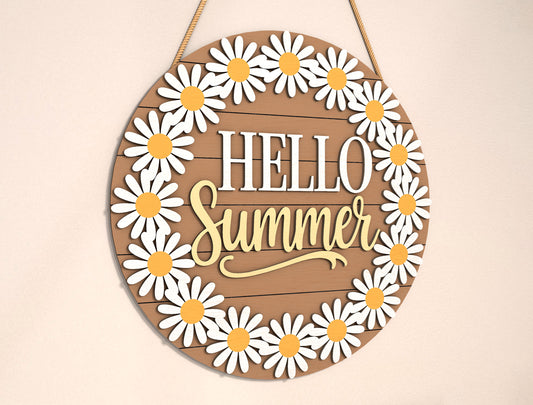 “Hello Summer” Daisy Wreath Door Sign SVG for Glowforge