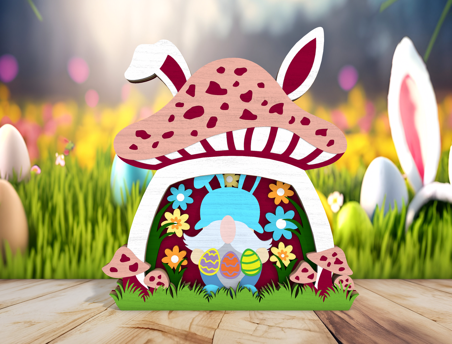 Easter Bunny Mushroom Decor SVG Wooden Spring Scene for Glowforge