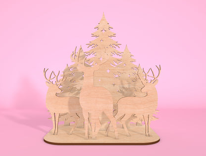 3D Forest Reindeer Scene Laser Cut File | Ready to Cut | Glowforge, xTool, LightBurn, etc.