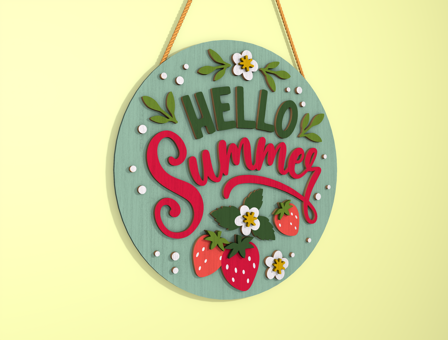 Hello Summer Strawberry Door Hanger SVG Laser Cut File for Glowforge and xTool