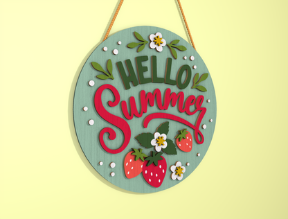 Hello Summer Strawberry Door Hanger SVG Laser Cut File for Glowforge and xTool