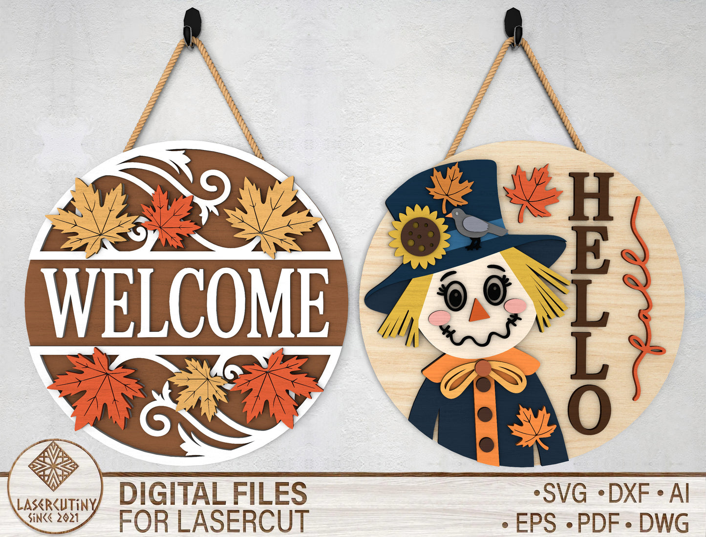 Welcome Fall Leaves and Hello Scarecrow Door Hanger SVG Set for Glowforge xTool LightBurn 2 Designs