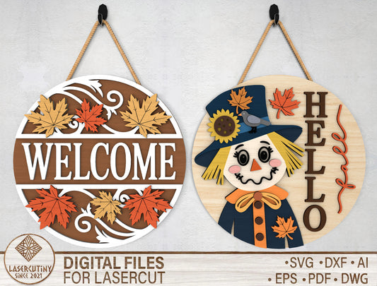Welcome Fall Leaves and Hello Scarecrow Door Hanger SVG Set for Glowforge xTool LightBurn 2 Designs