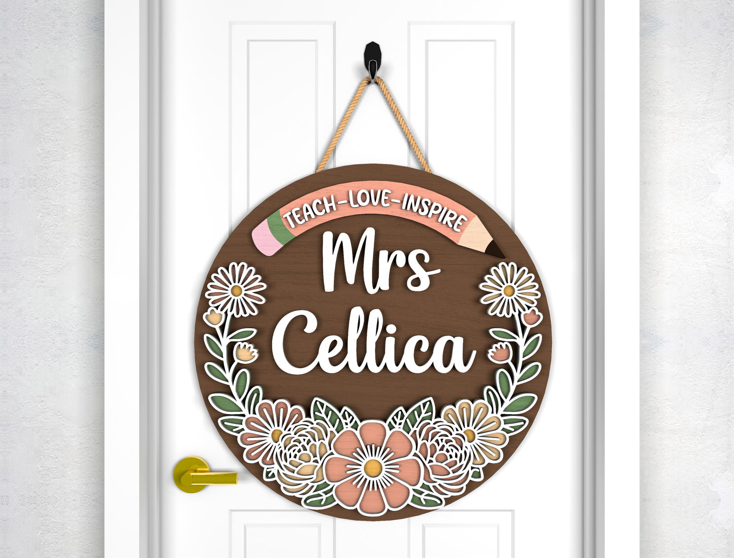 Personalized Boho Floral Teacher Door Sign SVG Laser Cut File for Glowforge and xTool