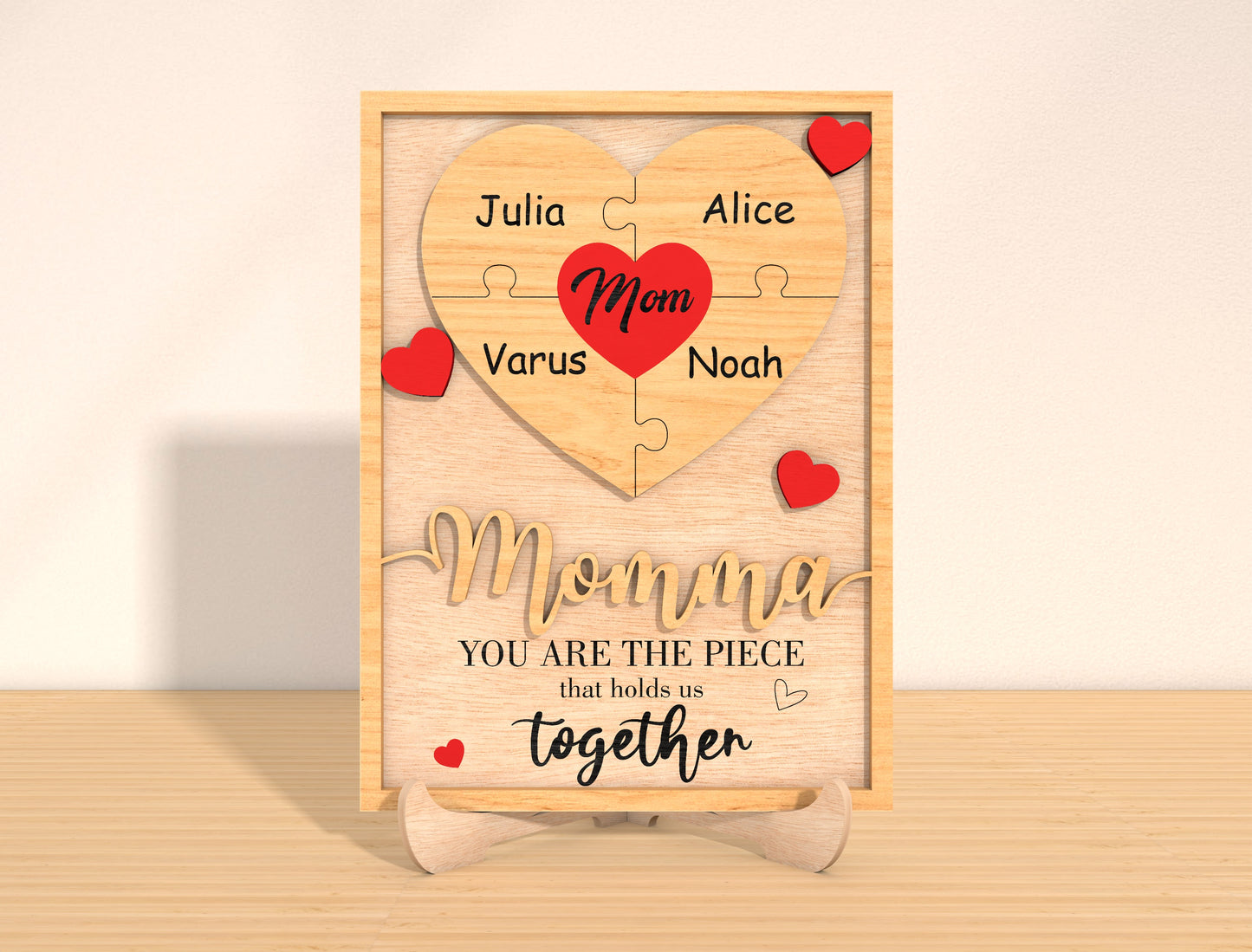 Personalized Mom Heart Puzzle Laser Cut File | Family Name Wooden Sign | Mother’s Day Decor | Glowforge, xTool, LightBurn etc.