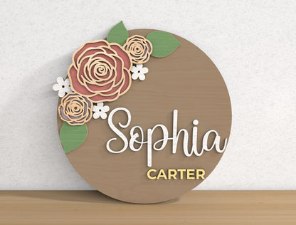 Personalized Floral Name Door Hanger SVG Custom Flower Round Sign Laser Cut File for Glowforge and xTool