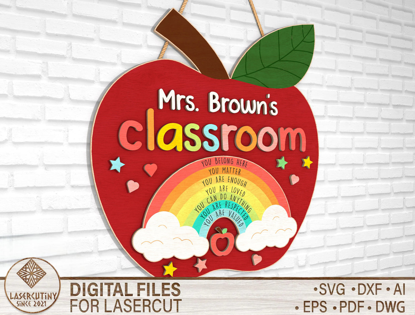 Personalized Apple Rainbow Classroom Door Sign SVG Laser Cut File for Glowforge and xTool