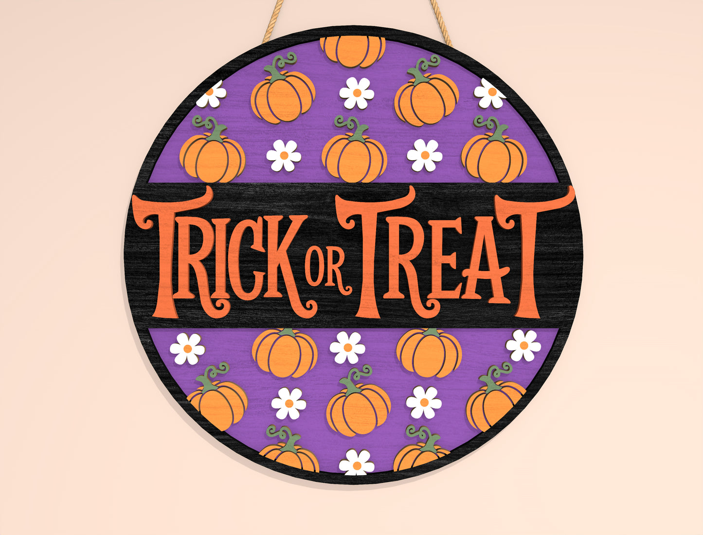 Trick or Treat Round Sign SVG Laser Cut File | 2 Halloween Door Designs | Cute Spooky Decor | Glowforge, xTool, LightBurn, etc.