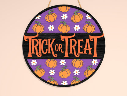Trick or Treat Round Sign SVG Laser Cut File | 2 Halloween Door Designs | Cute Spooky Decor | Glowforge, xTool, LightBurn, etc.