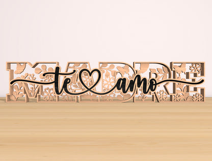Te Amo Mom Floral Word Laser Cut File Bundle | Mother Typography Decor | Layered Wooden Letters | Glowforge, xTool, LightBurn, etc.