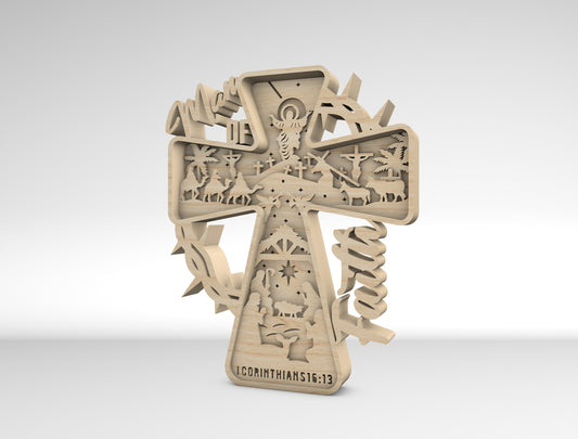 Christian Cross Laser Cut File – Multilayer Faith Wooden Decor – “He Died For Our Sins” Scripture Design