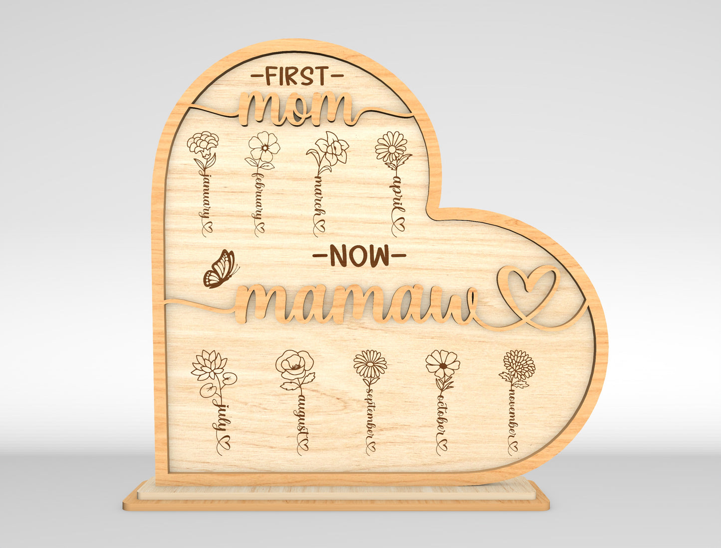 First Mom Now Mamaw Personalized Birth Flower Sign SVG for Glowforge and xTool