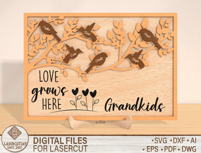Bird Family Frame SVG Personalized Grandma Gift Laser Cut File for Glowforge and LightBurn