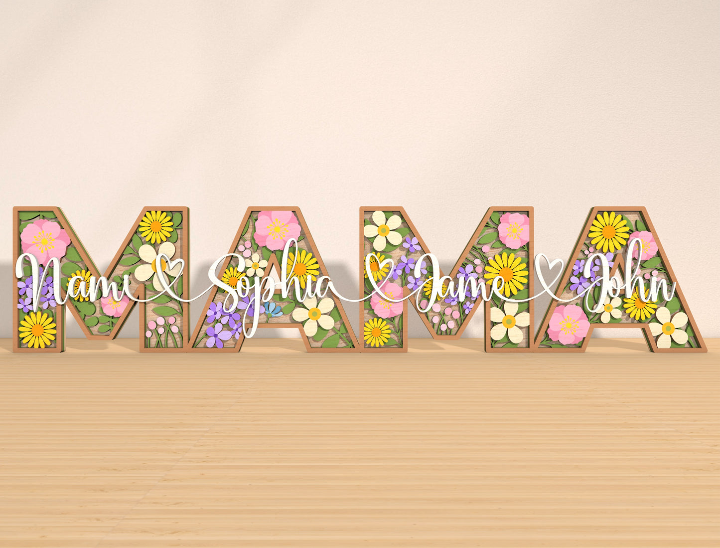 Personalized MOM Floral Name Laser Cut File | Custom Mother’s Day Decor | Layered Botanical Letters | Glowforge, xTool, LightBurn Compatible