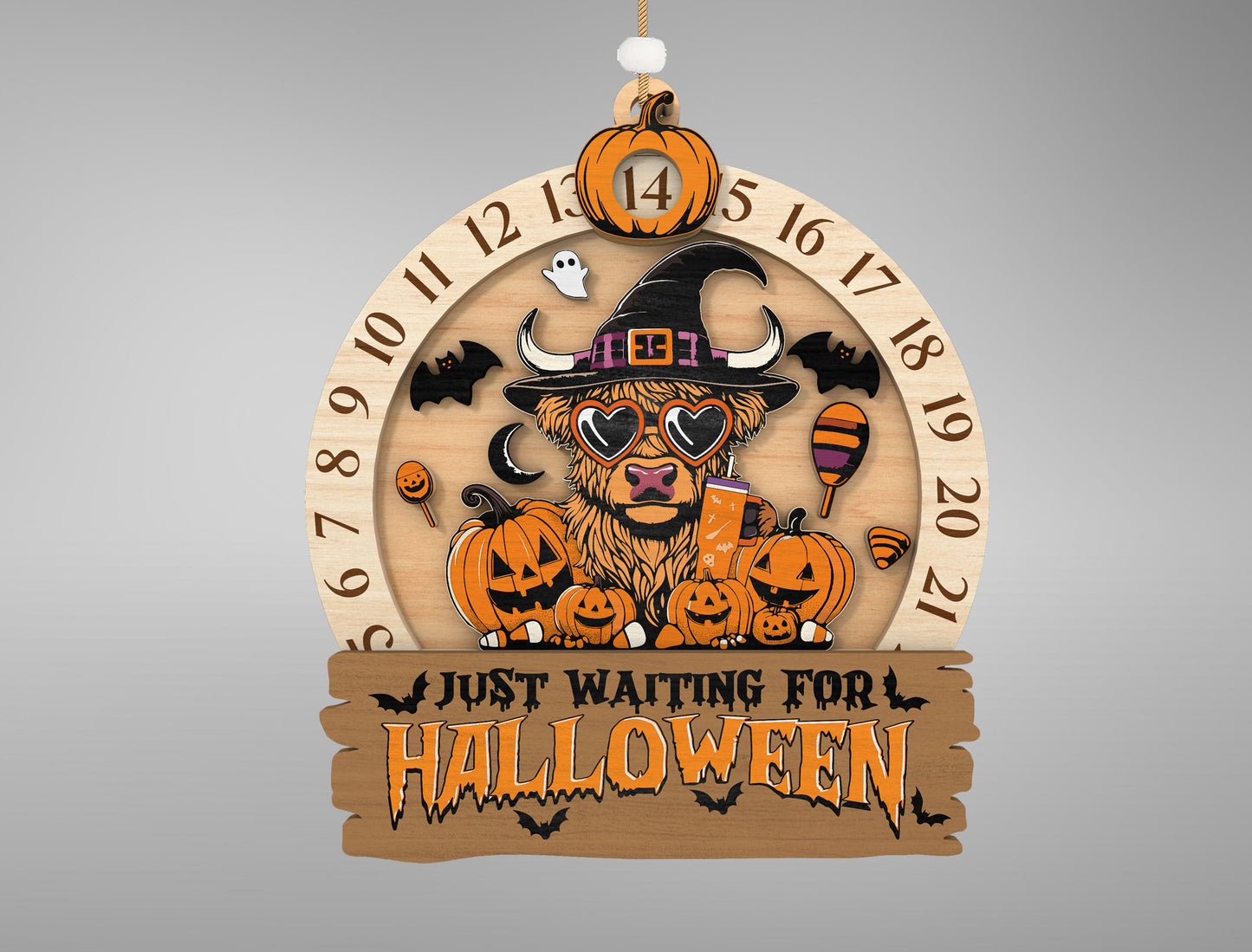 Halloween Highland Cow Countdown Calendar SVG for Glowforge xTool