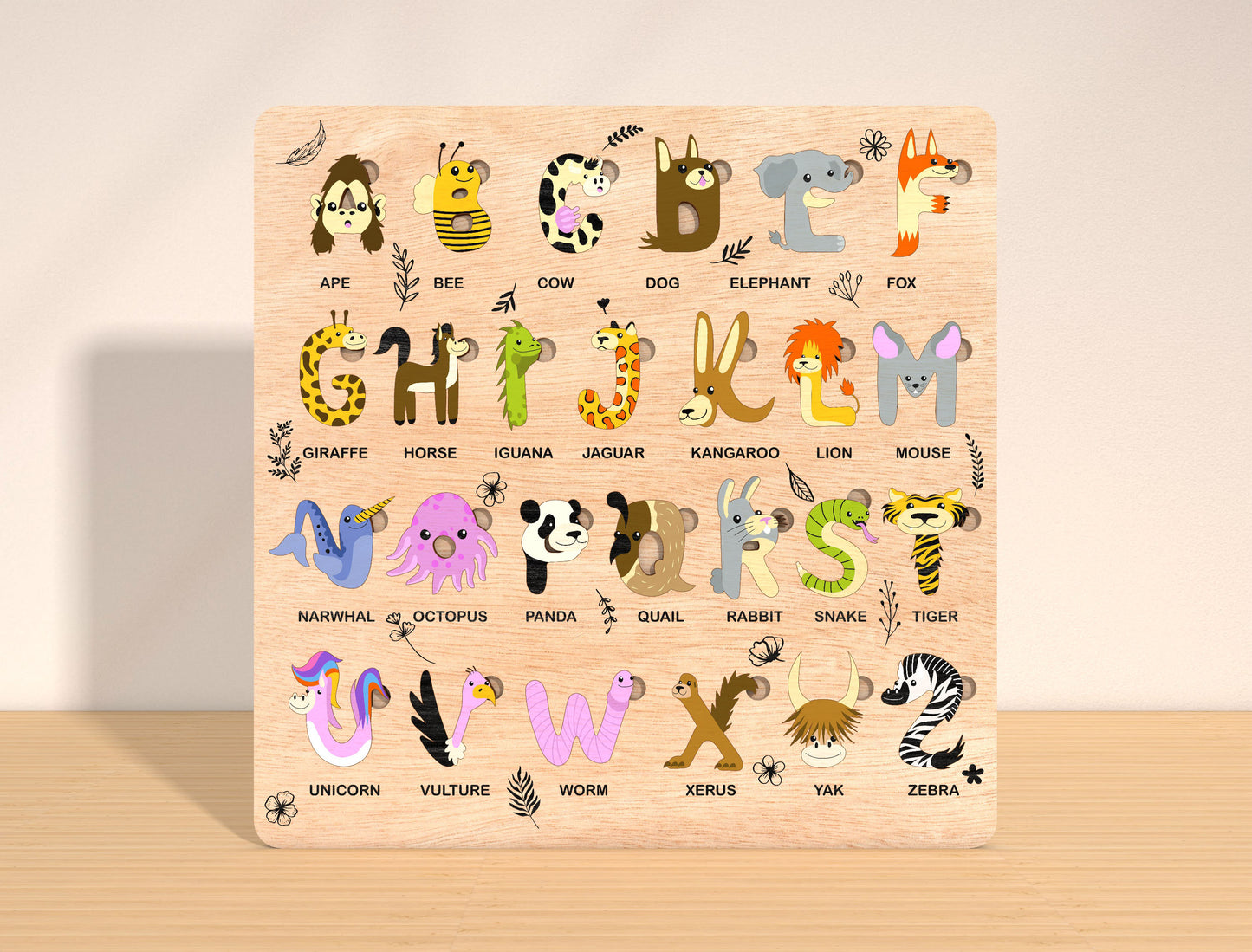 Animal Alphabet Puzzle Board SVG Laser Cut File for xTool and Glowforge