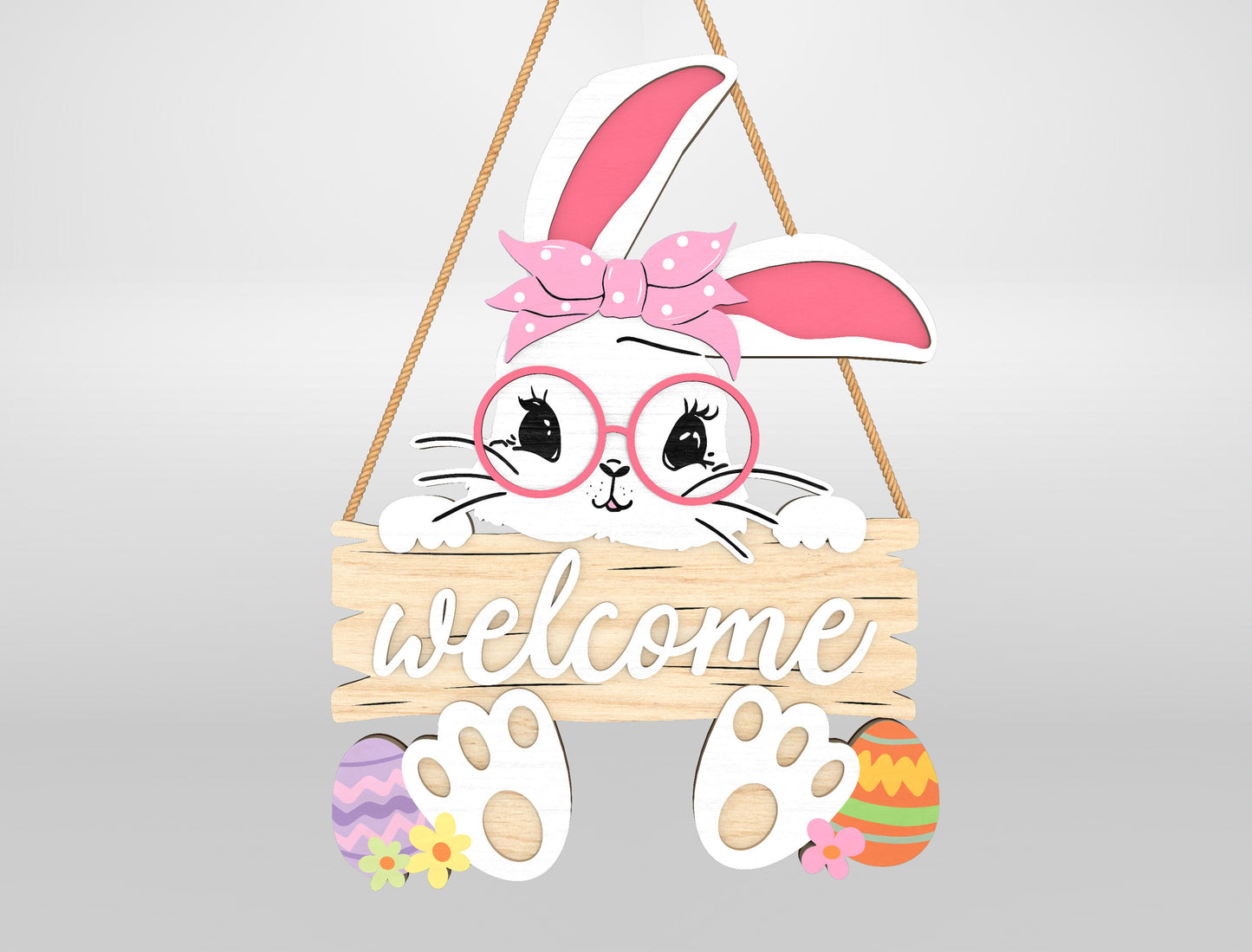 Easter Bunny Welcome Sign SVG Bundle Cute Door Hanger for Glowforge and xTool