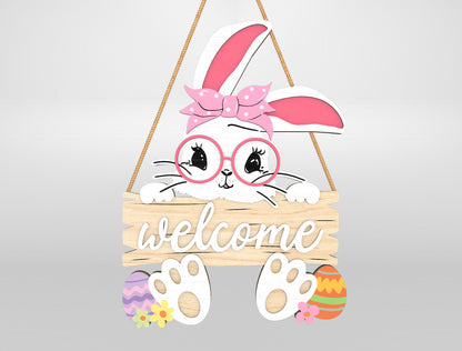 Easter Bunny Welcome Sign SVG Bundle Cute Door Hanger for Glowforge and xTool