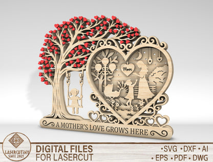 Layered Family Tree Heart SVG 3D Mother's Day Sign Laser Cut File for LightBurn and Glowforge