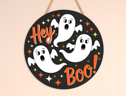 Hey Boo Ghost Round Door Hanger SVG Set for Glowforge xTool LightBurn 2 Designs