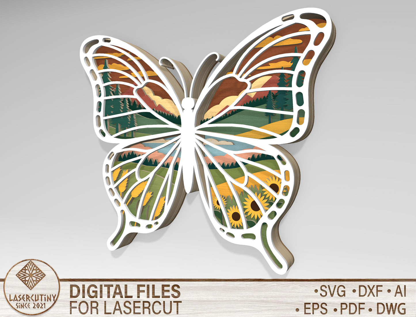 Multilayer Butterfly Landscape SVG Laser Cut File for LightBurn and Glowforge