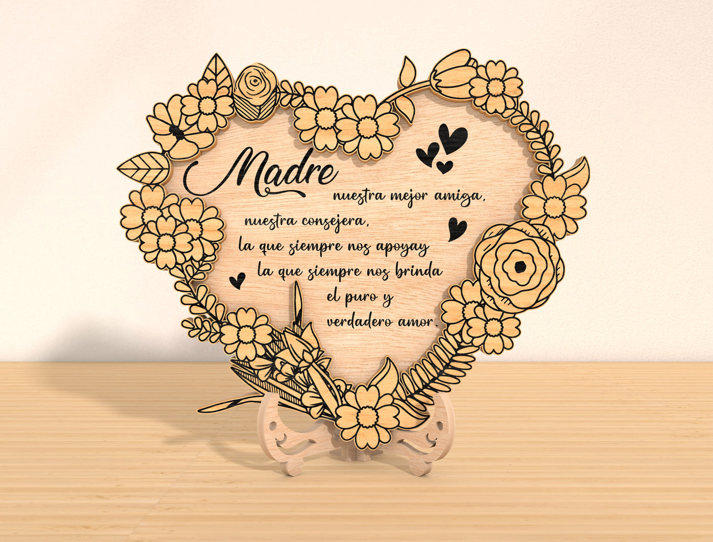 Mother’s Day Heart Floral Laser Cut File Bundle | Spanish Quote Wooden Decor | Layered Flower Wreath | Glowforge, xTool, LightBurn etc.