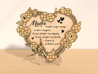 Mother’s Day Heart Floral Laser Cut File Bundle | Spanish Quote Wooden Decor | Layered Flower Wreath | Glowforge, xTool, LightBurn etc.