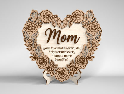 Mom Heart Tabletop Sign SVG Bundle Floral Mother's Day Desk Decor Laser Cut File for Glowforge and LightBurn