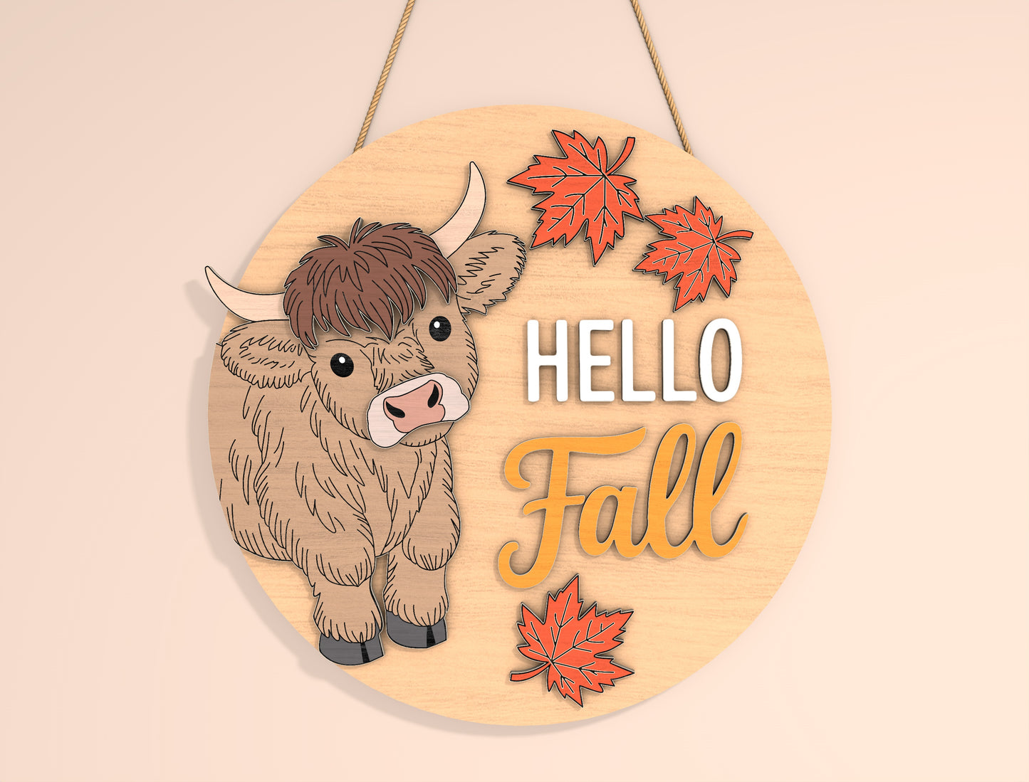 Highland Cow Hello Fall Door Hanger SVG Set for Glowforge xTool LightBurn | 2 Designs