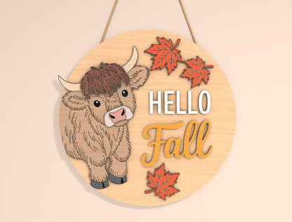Highland Cow Hello Fall Door Hanger SVG Set for Glowforge xTool LightBurn | 2 Designs