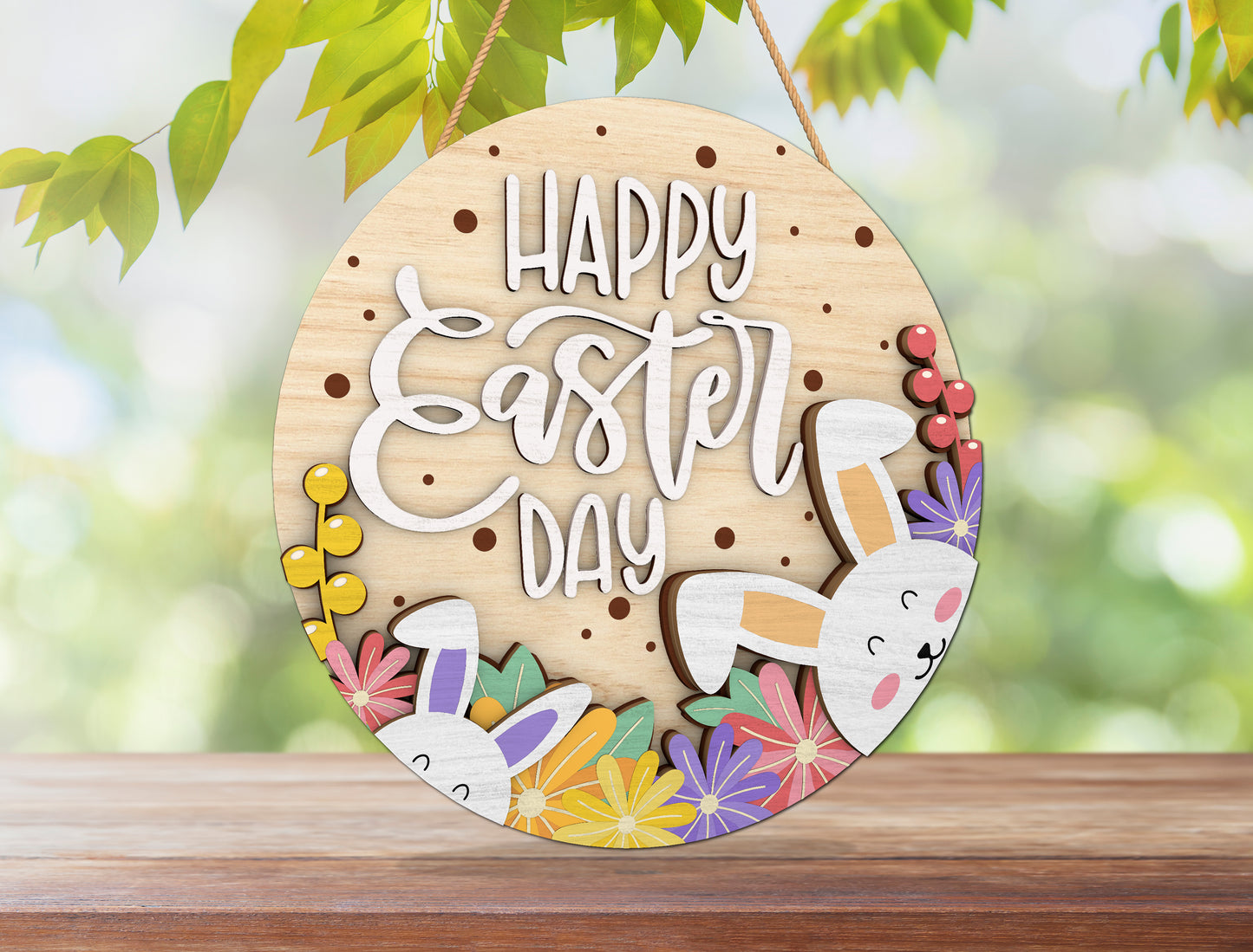 Cute Bunny Floral Round Sign SVG Easter Decor for Glowforge and xTool
