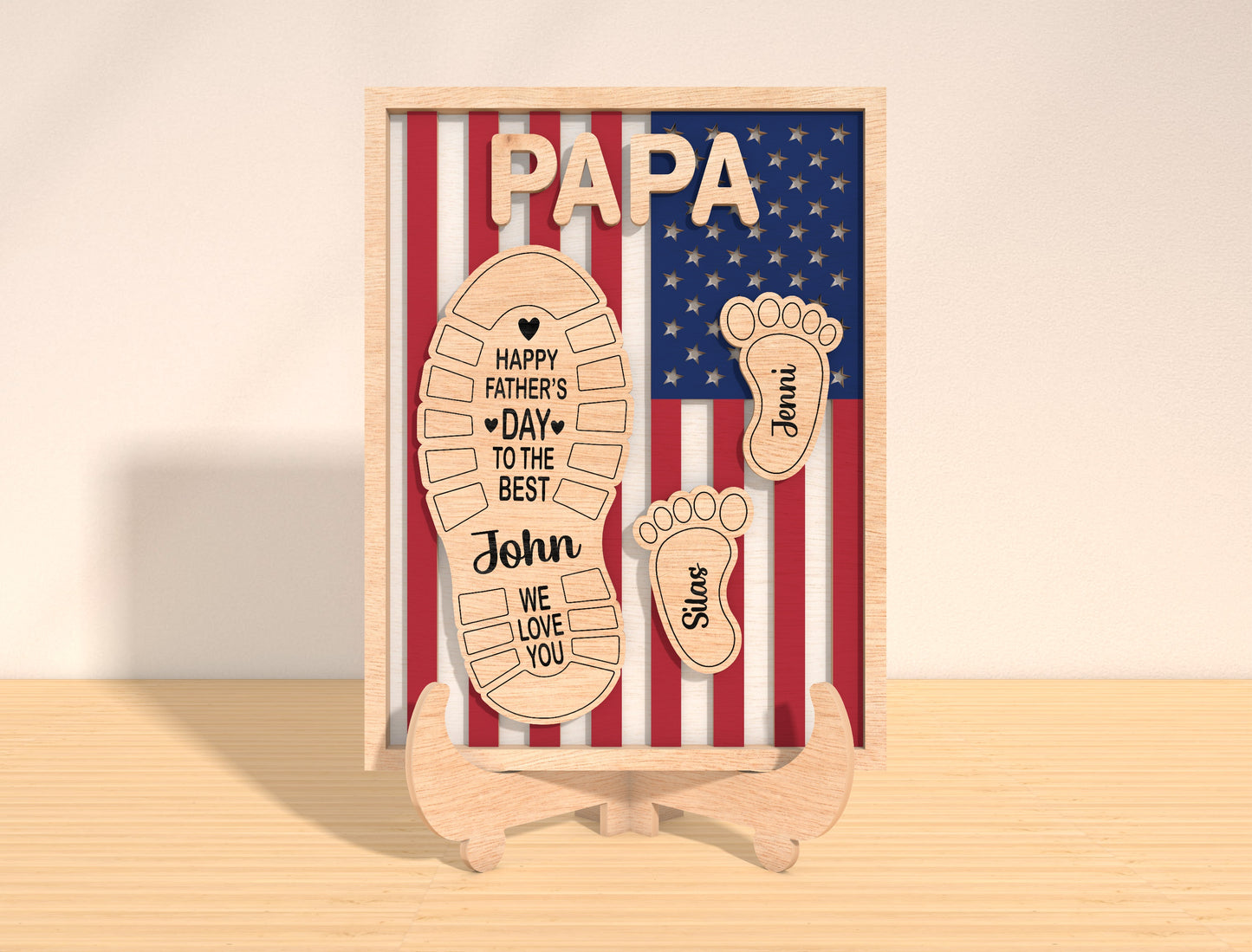 Father’s Day Footprint Stand Laser Cut File | Dad Family Footprints Sign | Patriotic Wooden Decor | Glowforge, xTool, LightBurn, etc.