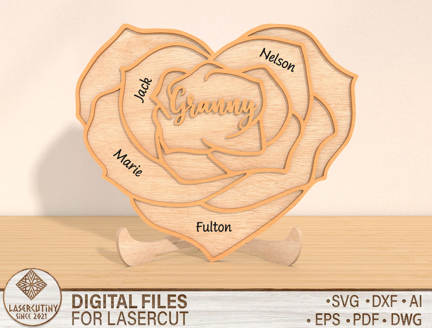 Rose Heart Family Name Sign SVG Bundle for Glowforge and xTool