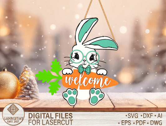 Bunny Welcome Door Hanger SVG – Easter Wooden Door Decor – Cute Rabbit Carrot Laser Cut File