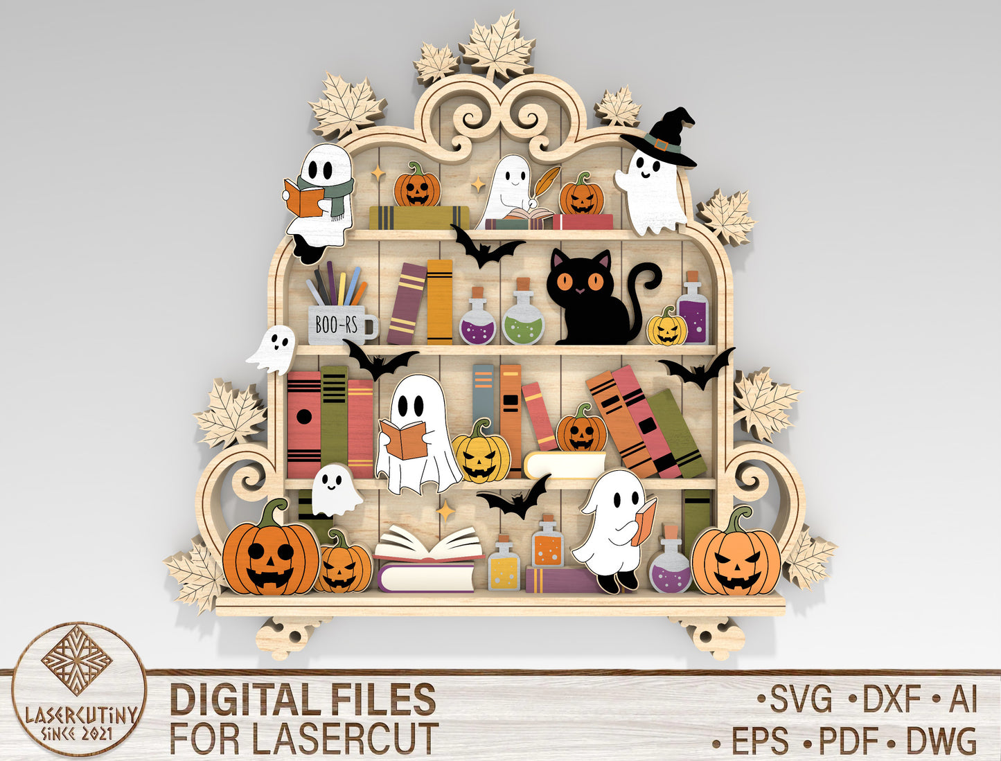 Halloween Ghost Bookshelf SVG Laser Cut Shelf Decor for Glowforge